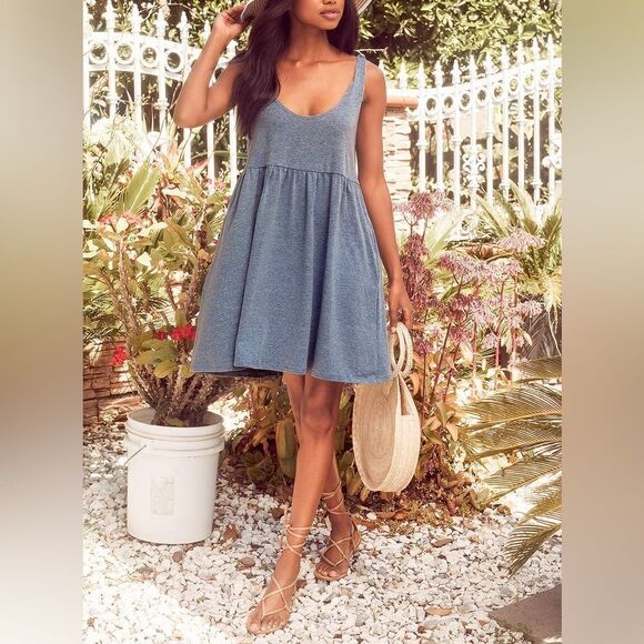 Lulus Dresses & Skirts - Lulu’s Don't Worry, Baby Washed Blue Tie-Strap Babydoll Dress Size Small